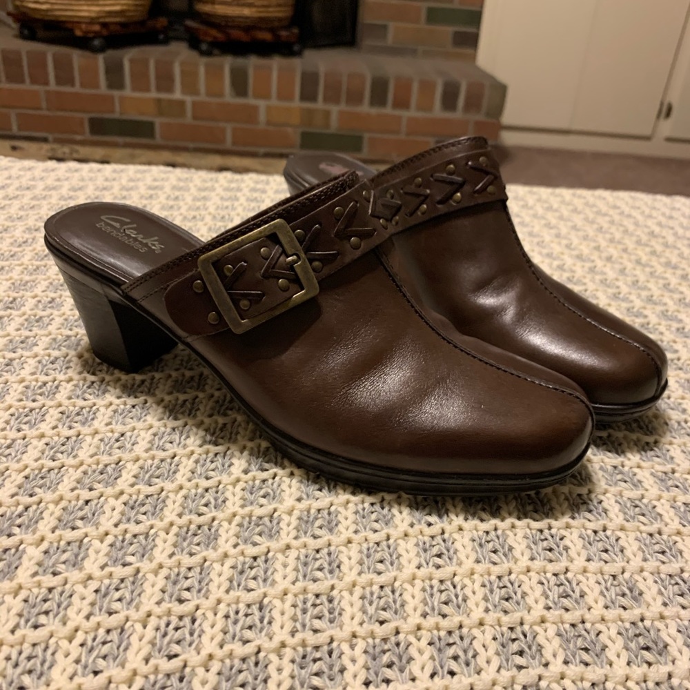 Sz 11 M Clarks Bendables leather block heel Mules Clogs - Picture 6 of 16